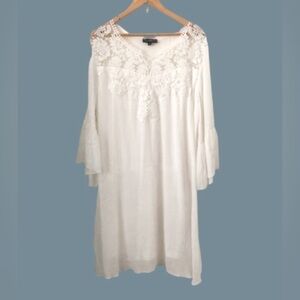 J Glee white fine gauze lined dress w crocheted lace neck & bell sleeves SZ 1X